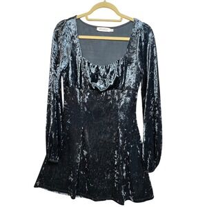 All in Favor Steel Blue Crushed Velvet Mini Dress Long Sleeve Sweetheart DR98791